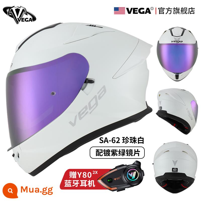 Mỹ VEGA Xe Máy Nam Nữ Sợi Carbon Đuôi Lớn Mùa Đông Chống Sương Mù Xe Máy Mũ Bảo Hiểm Full Bluetooth Cá Tính thoáng Mát Chạy Bộ - Màu trắng phủ xanh tím (tặng kèm tai nghe Bluetooth)