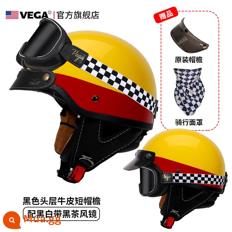 Mỹ VEGA Retro Đầu Máy Đầu Máy Mũ Nam Nữ Nhật Bản Harley Mũ Bảo Hiểm Nửa Mùa Đông 4 Xe Ô Tô Điện Muỗng Mũ Bảo Hiểm - Weiss Yuan Yellow (đi kèm kính trà đen kẻ sọc + vành mũ da màu đen)