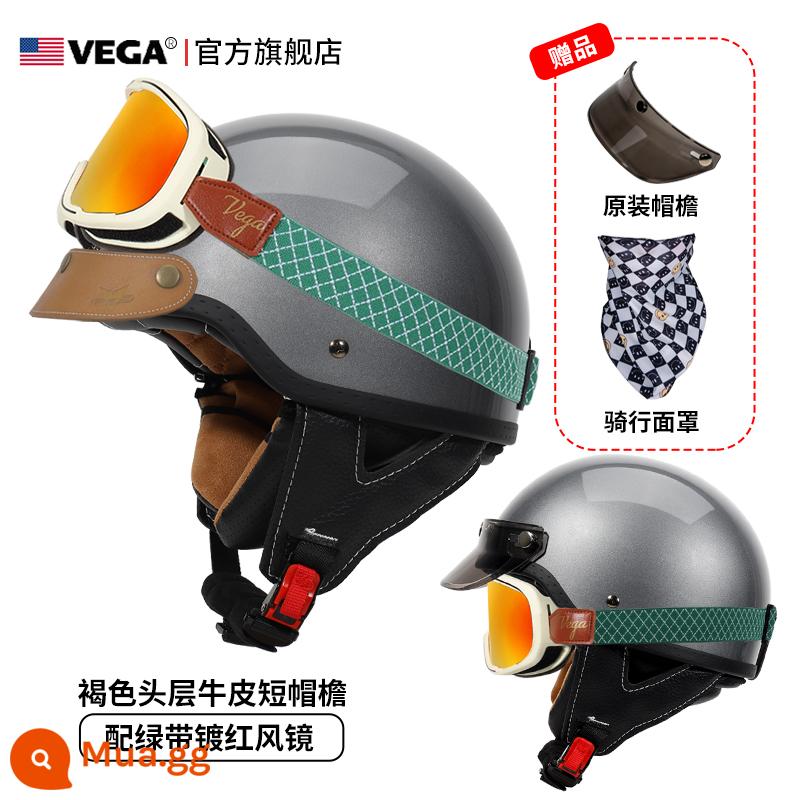 Mỹ VEGA Retro Đầu Máy Đầu Máy Mũ Nam Nữ Nhật Bản Harley Mũ Bảo Hiểm Nửa Mùa Đông 4 Xe Ô Tô Điện Muỗng Mũ Bảo Hiểm - Honda Gray (kính bảo hộ viền xanh viền đỏ + vành mũ da kaki)