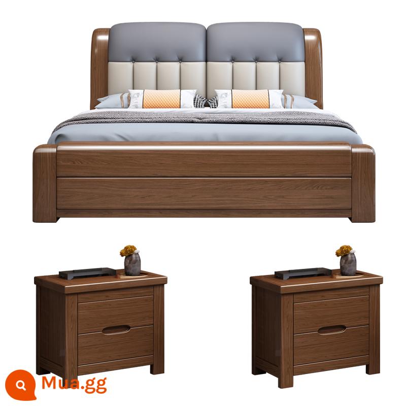 Walnut Solid Wood Bed 1.8 -Meter Double Bed Modern Modern Minorist 1.5 -Meter Túi mềm Master Phòng ngủ Hộp cao Bed Bed Wedding - Giường gỗ óc chó + 2 tủ