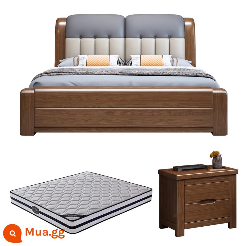 Walnut Solid Wood Bed 1.8 -Meter Double Bed Modern Modern Minorist 1.5 -Meter Túi mềm Master Phòng ngủ Hộp cao Bed Bed Wedding - Giường óc chó + 1 tủ + nệm lò xo cao su