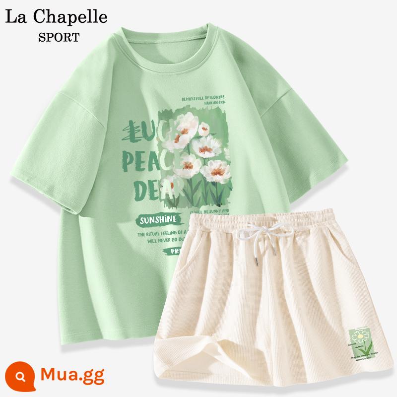 Bộ đồ thể thao La Chapelle nữ 2023 cotton mùa hè mới quần đùi ngắn tay giản dị bộ đồ hai mảnh giảm tuổi X - Màu xanh trái cây (gió hoa cánh đồng) + trắng sữa (áo mùa hè bóng phía trước bên trái chỉ số)