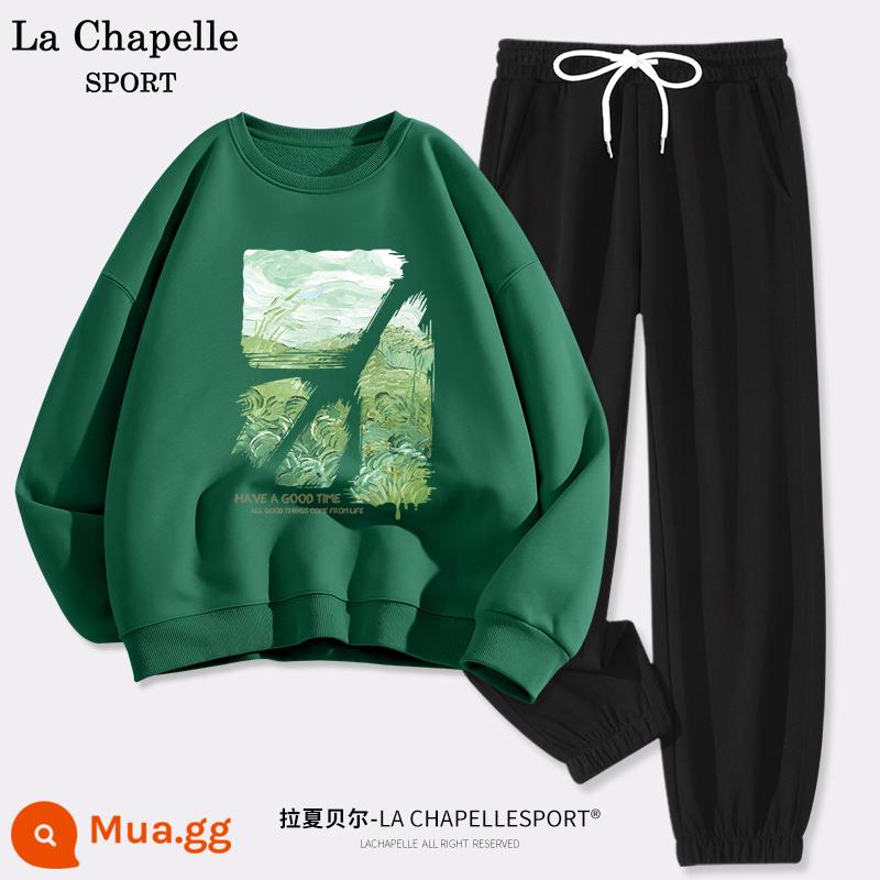 La Chapelle Bộ Đồ Thể Thao Nữ 2023 Mới Thu Đông Sinh Viên Cổ Tròn Và Nhung Quần Âu Bộ 2 W - Màu xanh đậm (thời gian trên cánh đồng lúa mì) + màu đen (trống)