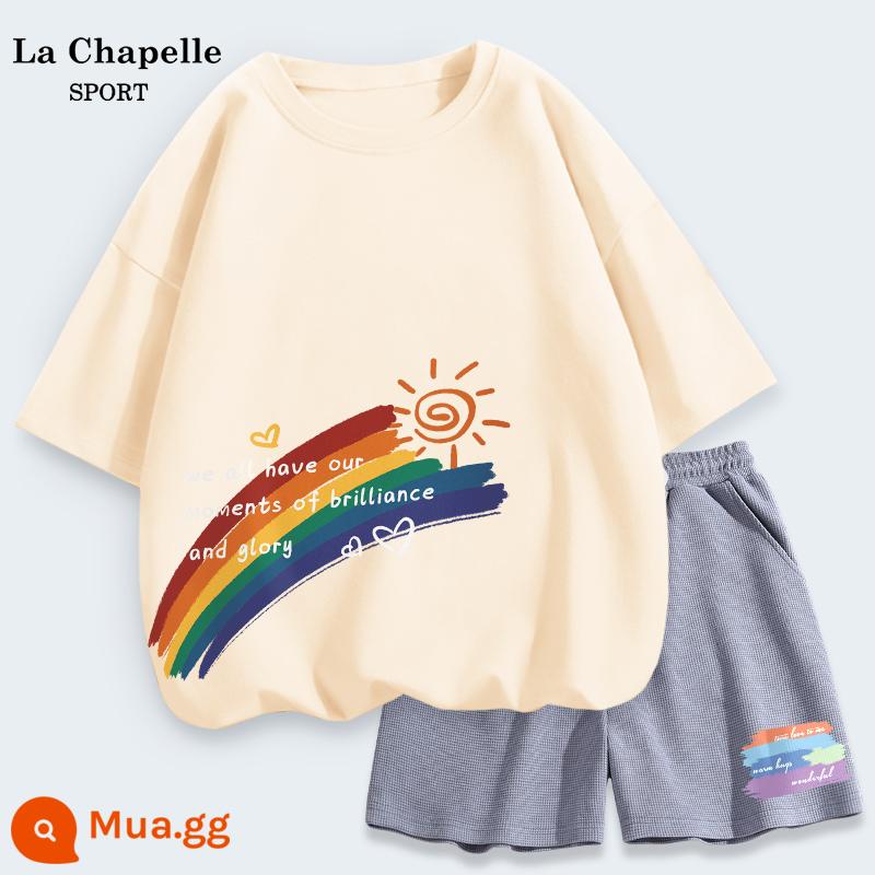 Bộ đồ thể thao La Chapelle nữ mùa hè rộng rãi sinh viên cotton áo thun ngắn tay bánh quế quần đùi hai mảnh mùa hè X - Màu trắng sữa (chỉ số bên phải nửa cầu vồng) + xanh lam (chỉ số quần phía trước bên trái)