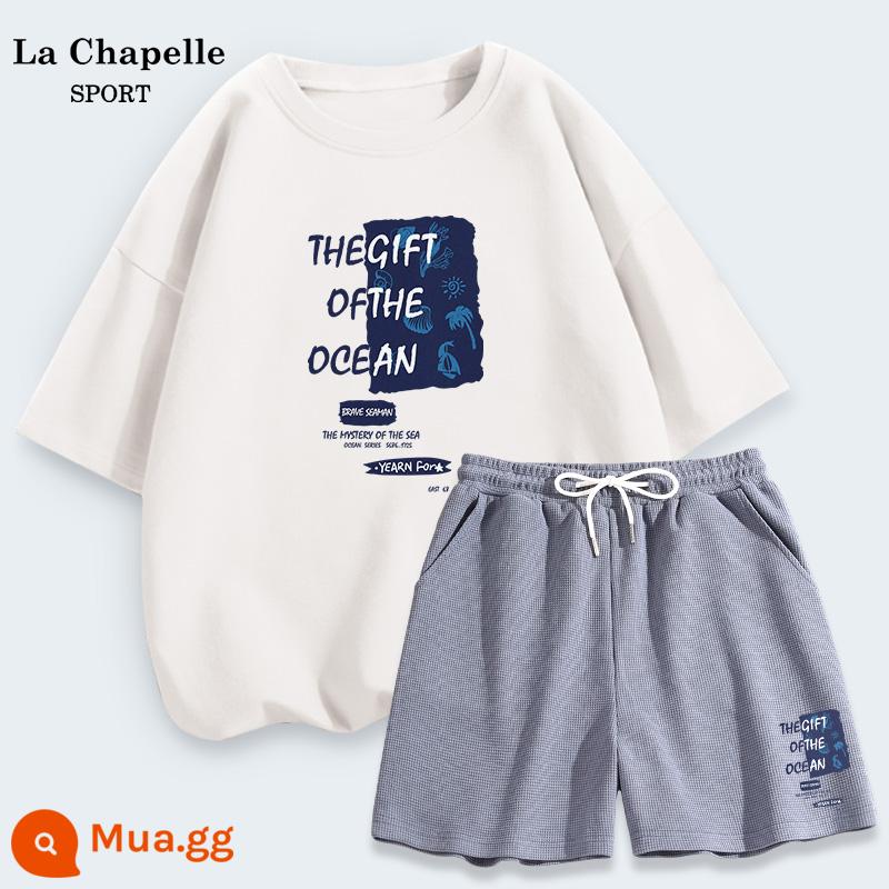 La Chapelle Quần Short Ngắn Tay Bộ Đồ Thể Thao Nữ Mùa Hè 2023 Áo Thun Nữ Thời Trang Mùa Hè Thường Hai Mảnh X - Trắng (thắng giá ở Huyền Hải) + xanh lam (giá thầu phía dưới bên trái ở mặt trước của quần biển xanh)