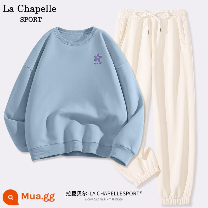 La Chapelle Bộ Đồ Thể Thao Nữ 2023 Mới Thu Đông Sinh Viên Cổ Tròn Và Nhung Quần Âu Bộ 2 W - Màu xanh khói (nhãn ngực phong lan) + màu trắng sữa (trống)