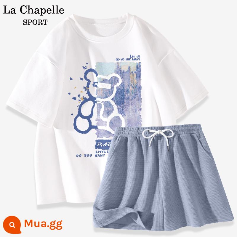 Bộ đồ thể thao La Chapelle nữ 2023 cotton mùa hè mới quần đùi ngắn tay giản dị bộ đồ hai mảnh giảm tuổi X - Trắng (gấu xanh) + xanh (trống)