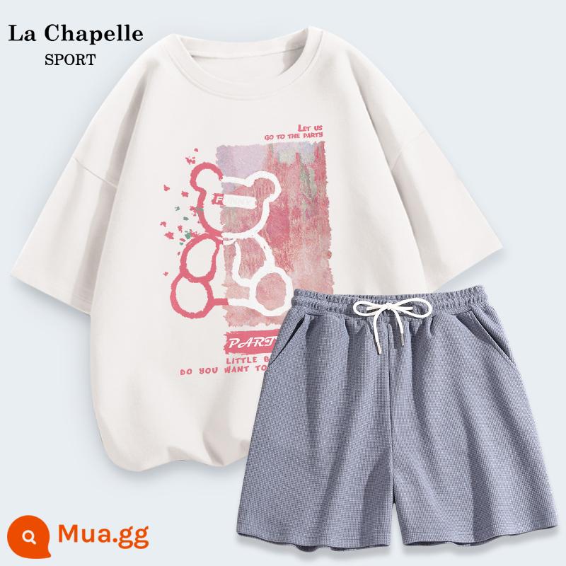 Bộ đồ thể thao La Chapelle nữ mùa hè rộng rãi sinh viên cotton áo thun ngắn tay bánh quế quần đùi hai mảnh mùa hè X - Trắng (sơn dầu gấu) + xanh (trống)