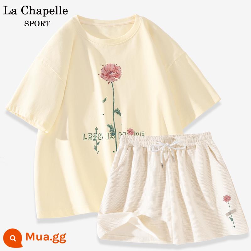 Bộ đồ thể thao La Chapelle nữ 2023 cotton mùa hè mới quần đùi ngắn tay giản dị bộ đồ hai mảnh giảm tuổi X - Màu trắng sữa (hoa rơi lớn) + trắng sữa (chỉ số phía dưới bên trái phía trước quần hoa)