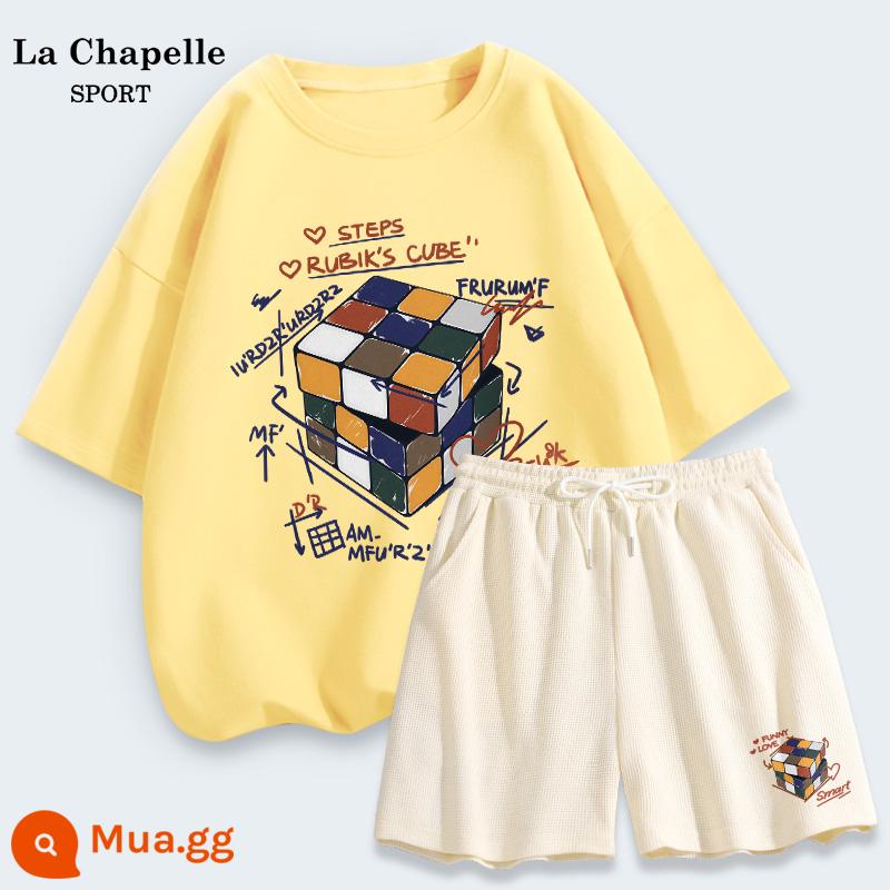 La Chapelle Quần Short Ngắn Tay Bộ Đồ Thể Thao Nữ Mùa Hè 2023 Áo Thun Nữ Thời Trang Mùa Hè Thường Hai Mảnh X - Màu vàng ngỗng (khối Rubik xoay lớn) + màu trắng sữa (chỉ số ở phía trước bên trái của quần khối Rubik xoay)