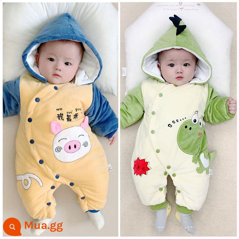 Bộ áo liền quần mùa đông cho bé quần áo cotton dày chần bông ấm rompers đi chơi quần áo cotton quần áo mùa đông Plus nhung bộ quần áo chúc mừng năm mới - Heo+Khủng Long Xanh