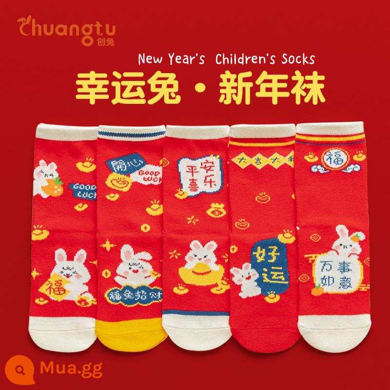 Vớ trẻ em mùa thu đông cotton nguyên chất bé gái đỏ sinh năm bé gái Plus nhung dày dặn bông tất - Tất thỏ năm mới-5 đôi [Tất đỏ năm mới]