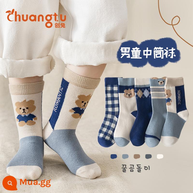 Vớ trẻ em nam mùa thu đông cotton vớ bé trai cotton nguyên chất vớ trẻ em xuân thu ống dài ống lớn trẻ em ống giữa dày dặn vớ trẻ em - Cặp Cool Bear-5 [Cotton Thu Đông]