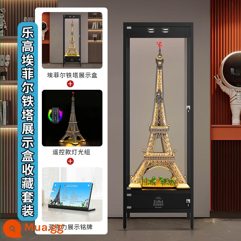 LYB thích hợp cho Lego 10307 Paris Tháp Eiffel hộp trưng bày acrylic trong suốt đèn LED DIY - Tủ trưng bày tháp đen (mặt sau trong suốt) + điều khiển từ xa + bảng tên