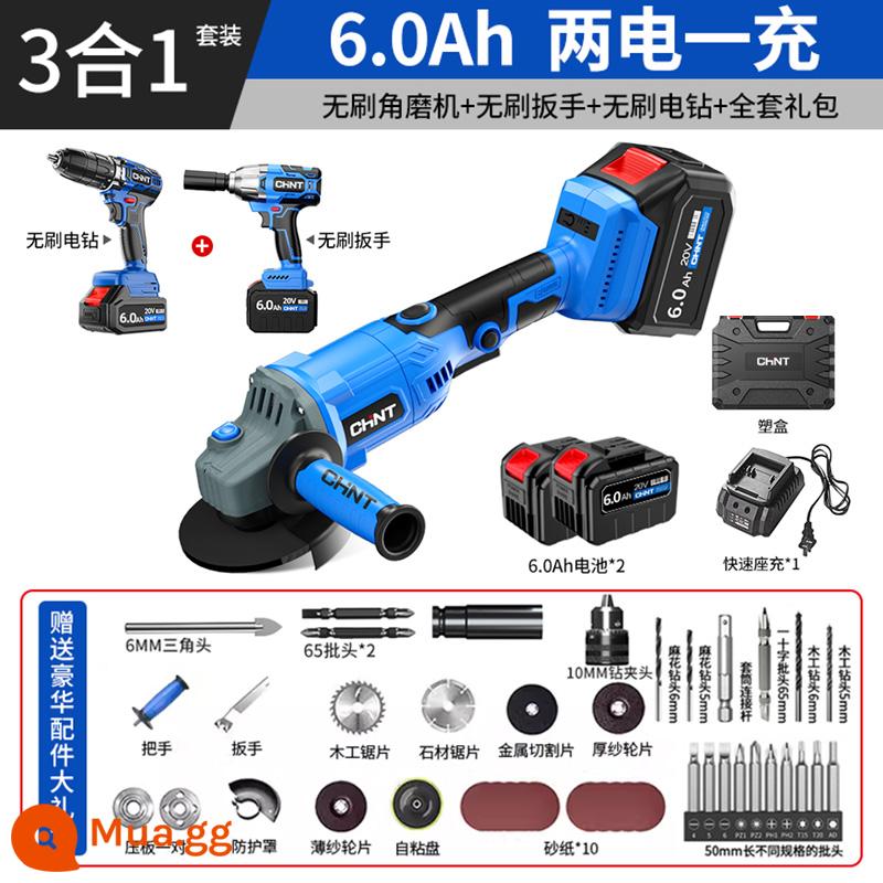 Máy mài góc Zhengtai pin sạc lithium công suất cao máy mài cắt máy mài không dây máy mài góc không chổi than - Máy mài góc + máy khoan điện + cờ lê [nguồn kép 6000mA] 3 trong 1