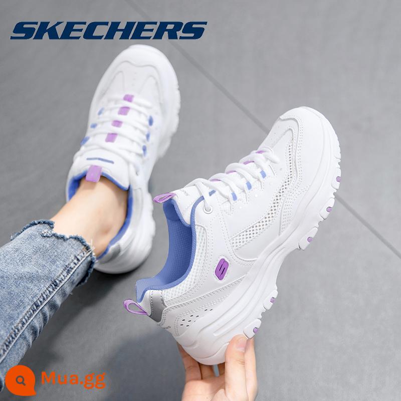 Skechers SKECHERS giày nữ gấu trúc giày trắng chính thức soái hạm Store mùa đông đích thực bố giày giày thể thao nữ - [Phong cách lưới] Trắng và xanh 8730065