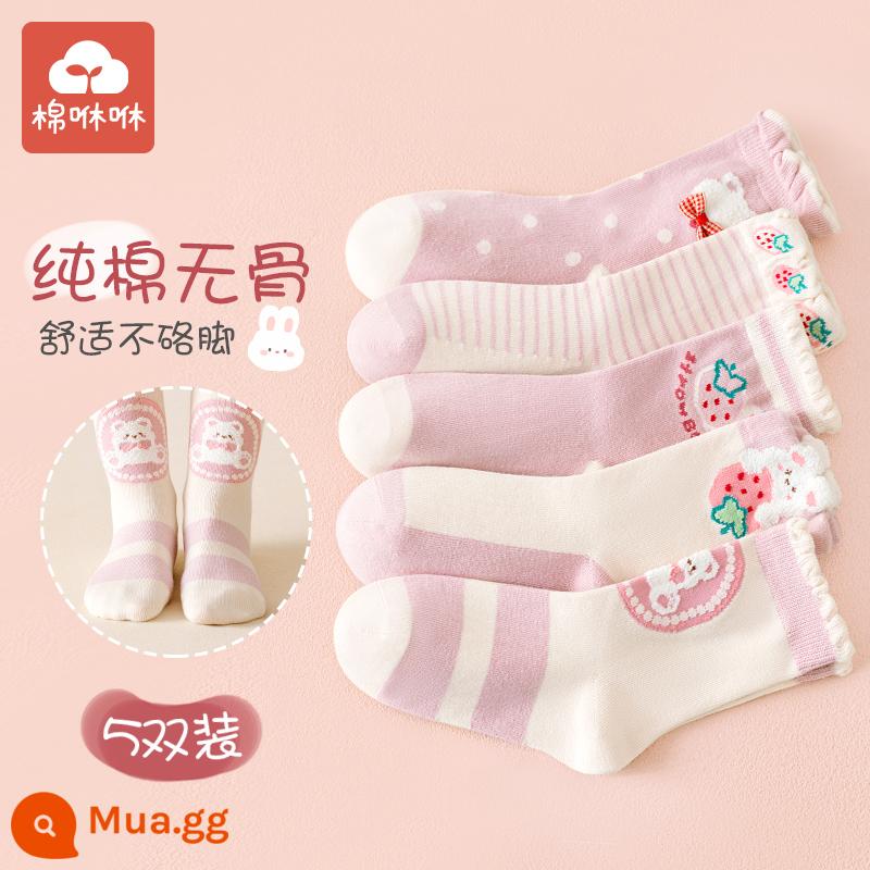 Vớ bé gái mùa đông dày ấm bông tất trẻ em cotton nguyên chất ống giữa vớ cotton mùa thu đông cho bé Plus nhung khăn tất - Thỏ Sữa Dâu-5 Đôi Tất Không Xương Thu Đông Loại A