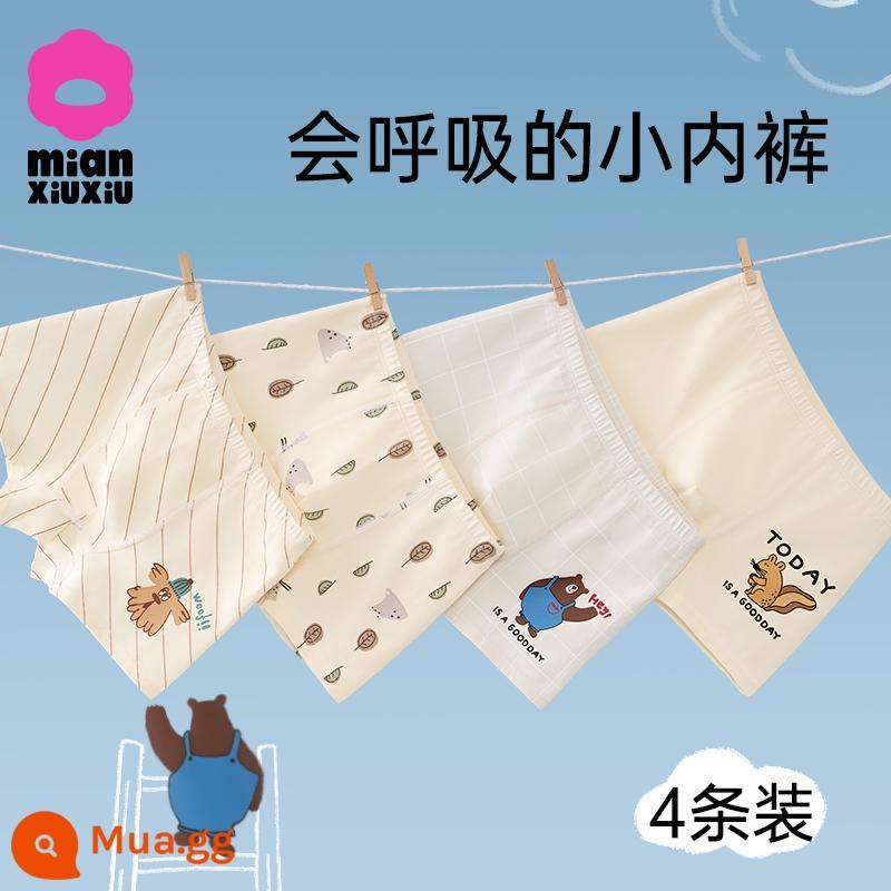 Quần lót nam cotton nguyên chất Quần lót boxer cho trẻ em Quần lót boxer hoạt hình cho bé trai không véo mông Quần đùi học sinh tiểu học - Gói Vic Bear-4