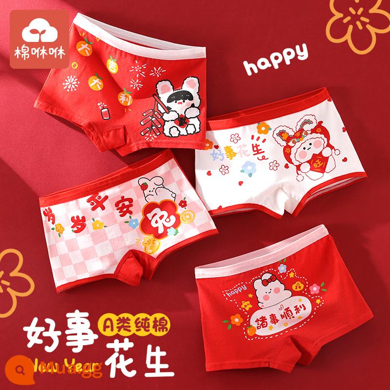 Bé gái năm hoàng đạo đồ lót cotton nguyên chất quần boxer năm mới màu đỏ trẻ em bé gái quần đùi cotton bé gái quần boxer - Thỏ Tết Dễ Thương-4 miếng