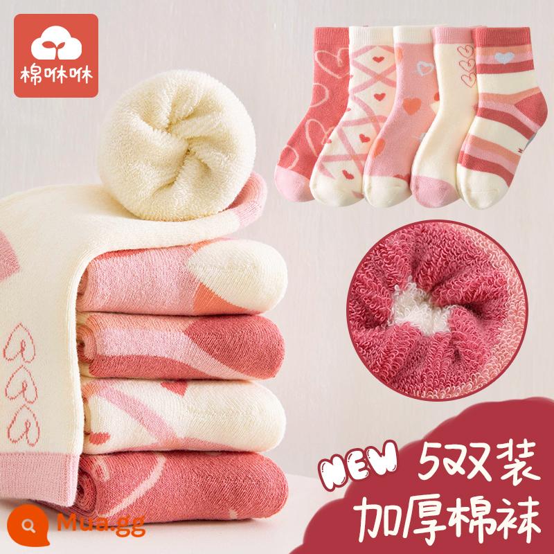 Vớ bé gái mùa đông dày ấm bông tất trẻ em cotton nguyên chất ống giữa vớ cotton mùa thu đông cho bé Plus nhung khăn tất - Love Princess-5 đôi mẫu dày mùa đông