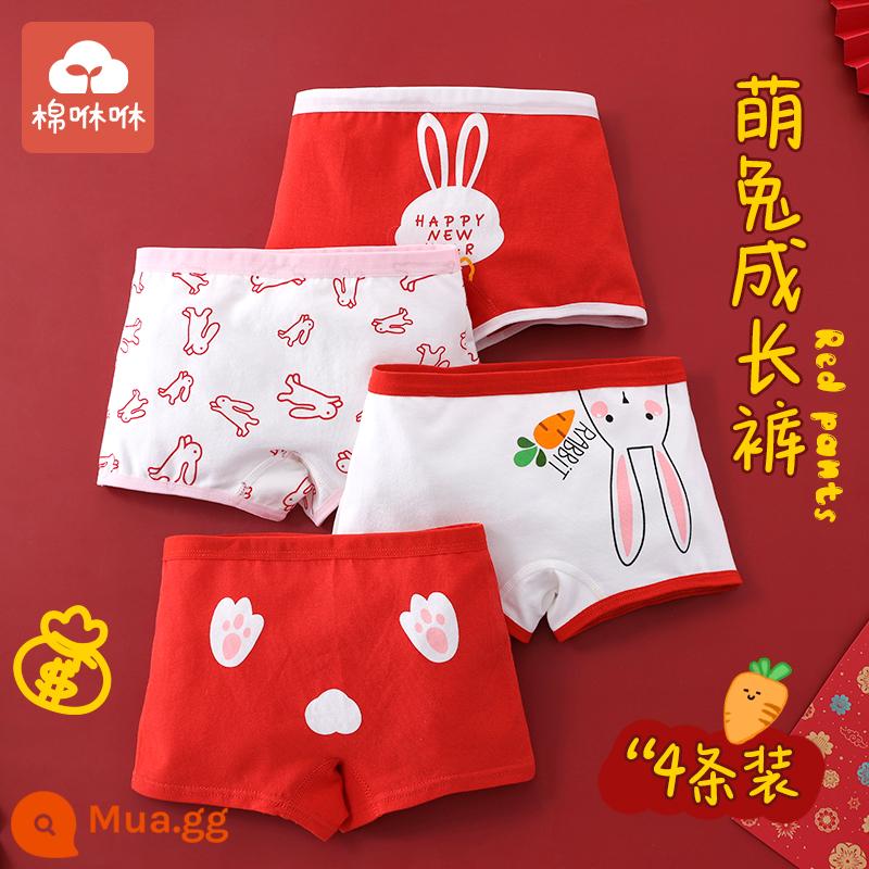 Bé gái năm hoàng đạo đồ lót cotton nguyên chất quần boxer năm mới màu đỏ trẻ em bé gái quần đùi cotton bé gái quần boxer - Thỏ tai dài-4 miếng