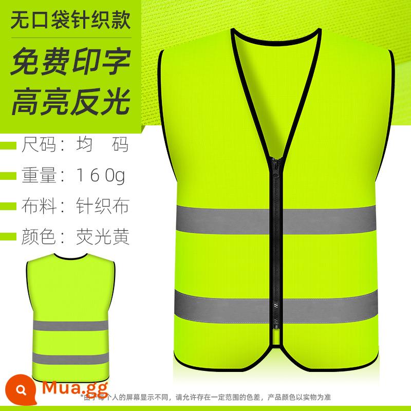 Quần áo phản quang vest an toàn xây dựng vest vệ sinh công trường huỳnh quang dệt kim lưới ban đêm giao thông hậu cần áo liền quần - Dây Kéo Đan Túi - Vàng Huỳnh Quang