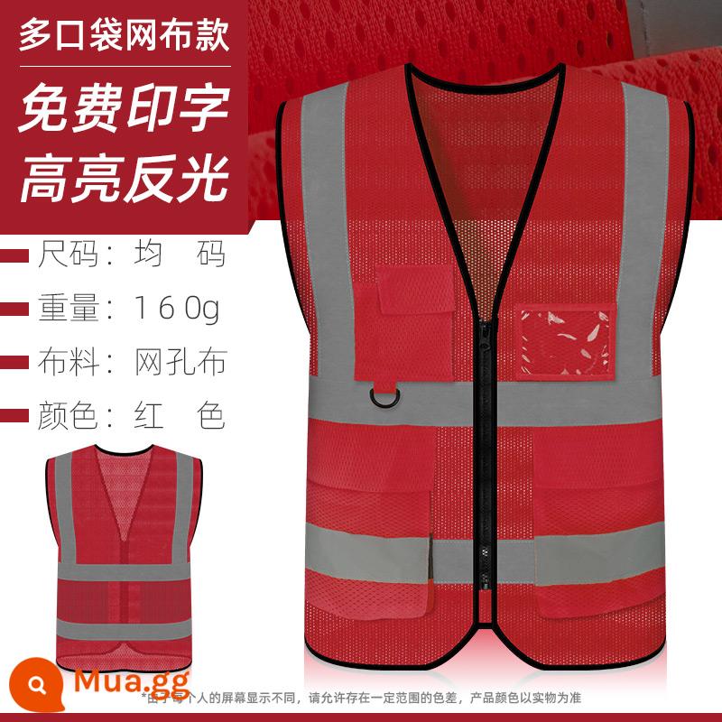 Quần áo phản quang vest an toàn xây dựng vest vệ sinh công trường huỳnh quang dệt kim lưới ban đêm giao thông hậu cần áo liền quần - Lưới nhiều túi thoáng khí - đỏ