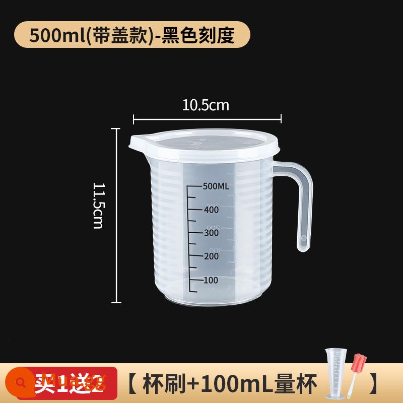 Cốc đong nhựa có cân gia dụng cấp thực phẩm quán trà sữa thùng nhỏ đặc biệt cốc đo lường dung tích lớn thương mại có nắp đậy - 500ml (vảy đen có nắp) PP dày