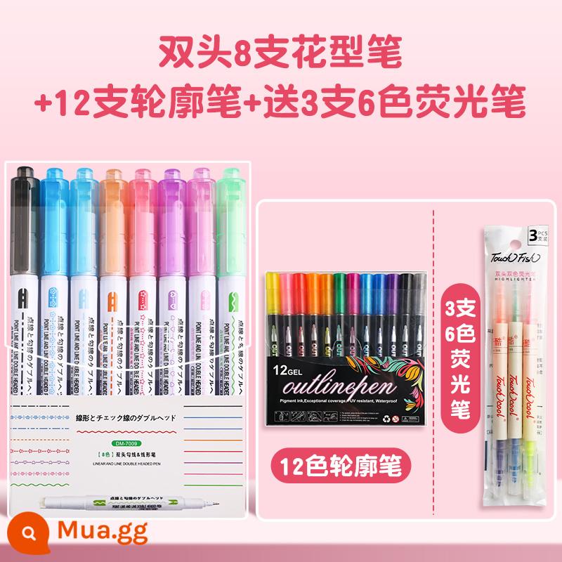 Hoa phác thảo đường cong bút sổ tay hoa văn hoa văn dấu màu hoa văn màu huỳnh quang bút lá cải hoa trẻ em dây móc đa chức năng ren hoa màu đánh dấu loại báo viết tay dây chuyền in con lăn chuyên dụng - Tặng kèm 8 bút viền 2 đầu + 12 bút viền + 3 bút highlight 6 màu