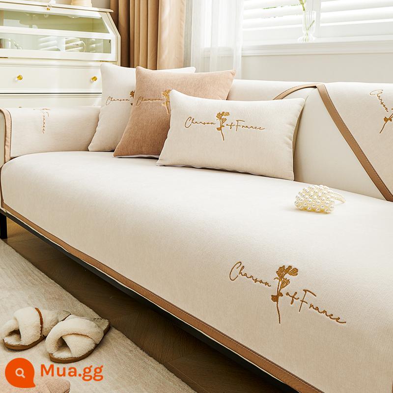 Chenille sofa đệm bốn mùa đa năng đệm ghế chống trượt tối giản hiện đại bọc ghế sofa da bao gồm tất cả vải bọc phổ quát - Hoa trà thêu-Trắng sữa