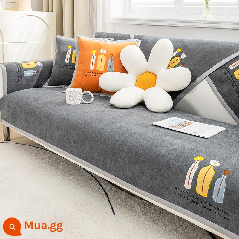 Chenille sofa đệm bốn mùa đa năng đệm ghế chống trượt tối giản hiện đại bọc ghế sofa da bao gồm tất cả vải bọc phổ quát - Bình thêu màu xám