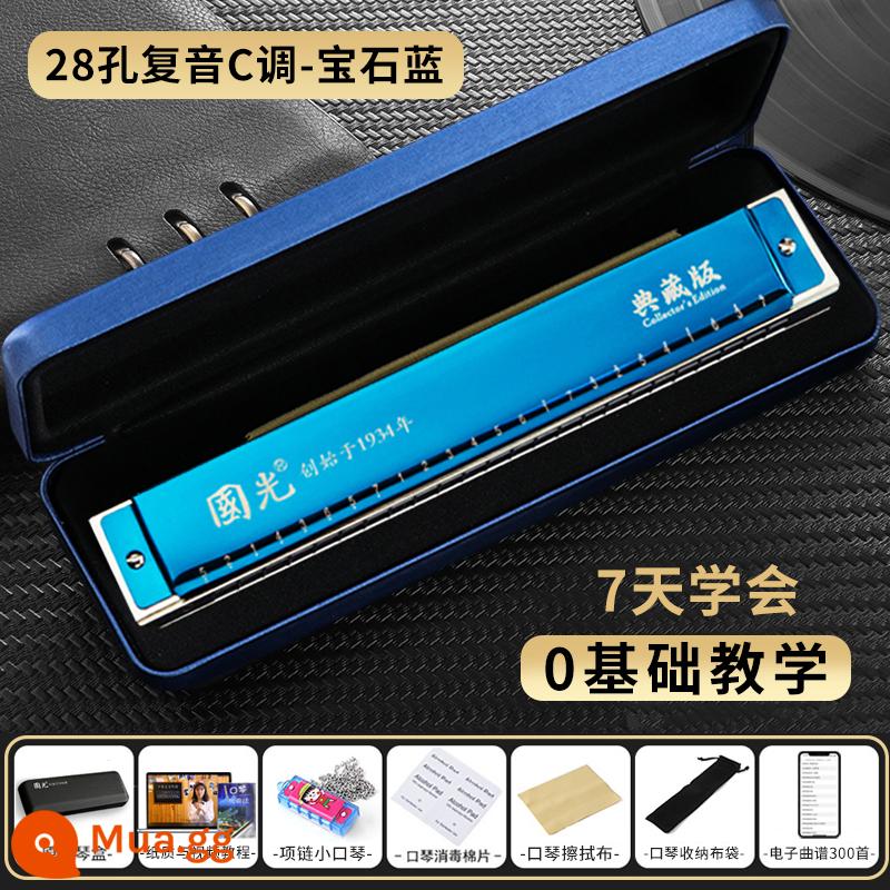 Shanghai Guoguang 28 lỗ giọng dành cho người lớn chơi chuyên nghiệp cấp độ 24 lỗ đa âm C-tone harmonica dành cho nam và nữ mới bắt đầu - [Mẫu biểu diễn] 28 lỗ đa âm màu xanh + quà tặng (có ký hiệu phiên âm)