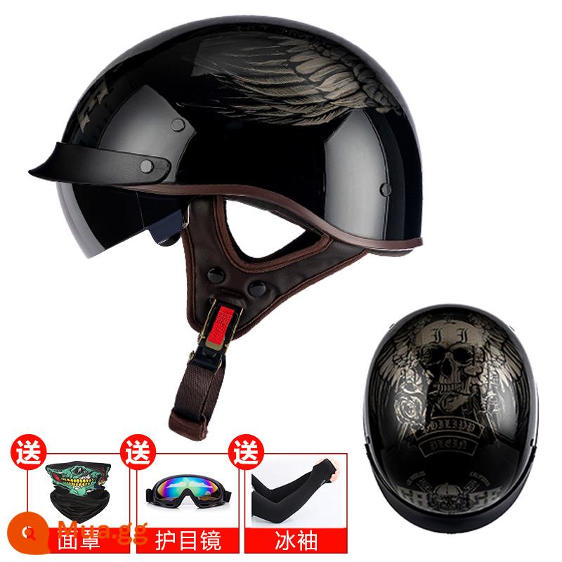 Alienmoto Mũ Retro Muỗng Mũ Bảo Hiểm Mùa Hè Mũ Bảo Hiểm Nửa Nam Nữ Điện Đầu Máy Xe Máy Harley Hoàng Tử Mỹ Đầu Máy - hộp sọ bạc đen