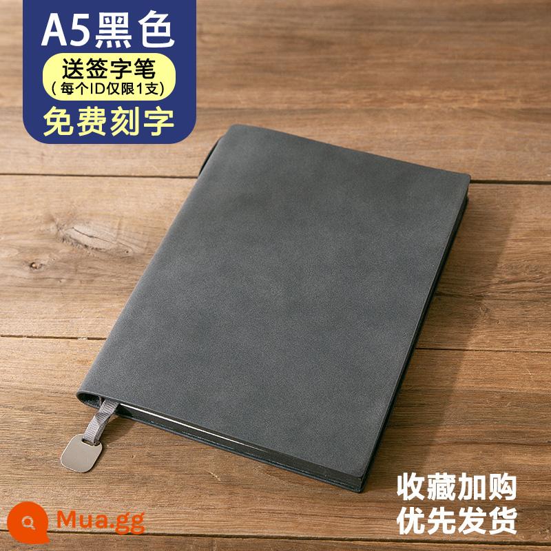 Máy tính xách tay kinh doanh đơn giản A5 sổ phụ doanh nghiệp tùy chỉnh logo có thể in chữ notepad văn phòng cao cấp làm việc cuộc họp sổ ghi chép da mềm nhật ký đường kẻ ngang dày da cừu cổ điển - đen