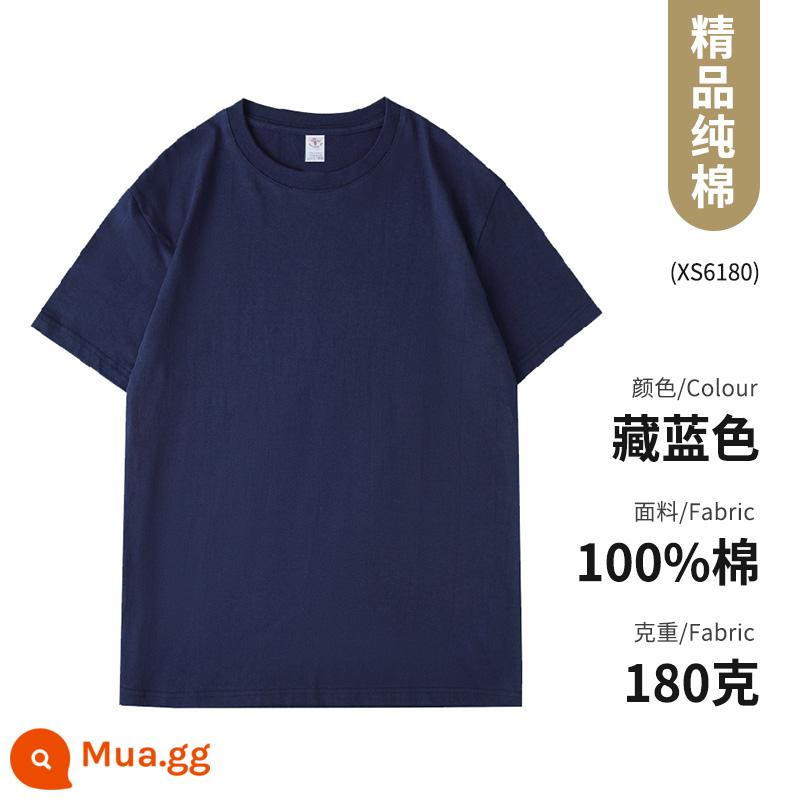 Quần áo công sở Áo thun cotton nguyên chất ngắn tay văn hóa áo sơ mi văn hóa trường trung học cơ sở đồng phục học sinh quần áo họp thể thao in logo - Loại A-Xanh hải quân