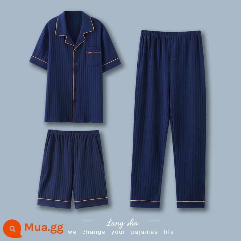 Bộ đồ ngủ nam Langsha mùa hè cotton nguyên chất quần ngắn tay nam cotton mỏng phần mùa hè kích thước lớn dịch vụ tại nhà bộ ba món - QKM7122+702