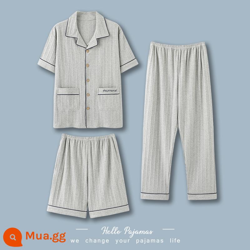 Bộ đồ ngủ nam Langsha mùa hè cotton nguyên chất quần ngắn tay nam cotton mỏng phần mùa hè kích thước lớn dịch vụ tại nhà bộ ba món - NXF89231+20233