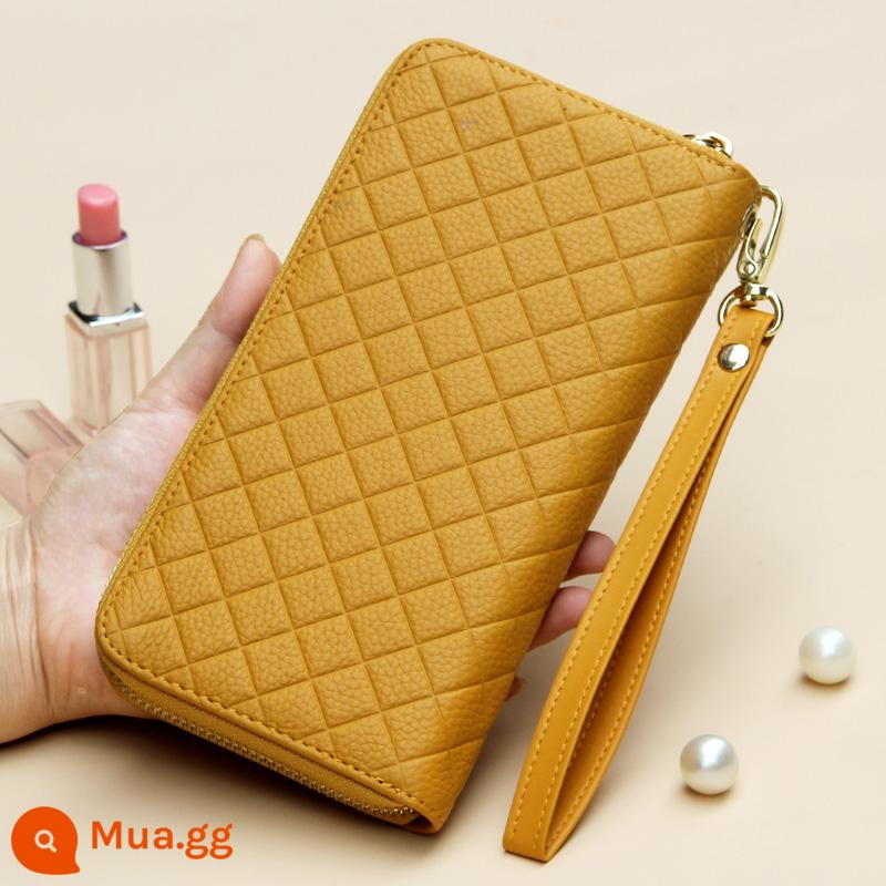 Ví Màu Vàng Da Thật Nữ Phiên Bản Dài May Mắn Công Suất Lớn Túi Clutch Dây Kéo Ví Nữ Túi Xách Da Mới - Khóa kéo đơn, cỏ ba lá ca rô màu vàng - mặt sau