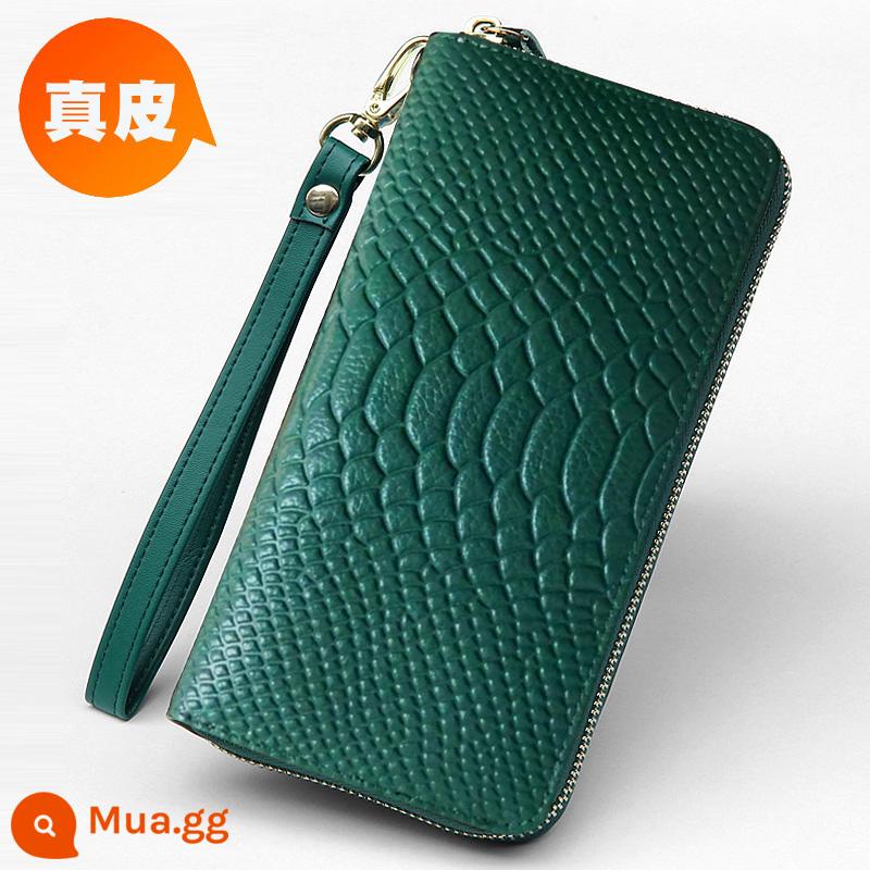 Ví Màu Vàng Da Thật Nữ Phiên Bản Dài May Mắn Công Suất Lớn Túi Clutch Dây Kéo Ví Nữ Túi Xách Da Mới - Khóa kéo đơn, cá sấu xanh rêu, mấu kéo bằng da