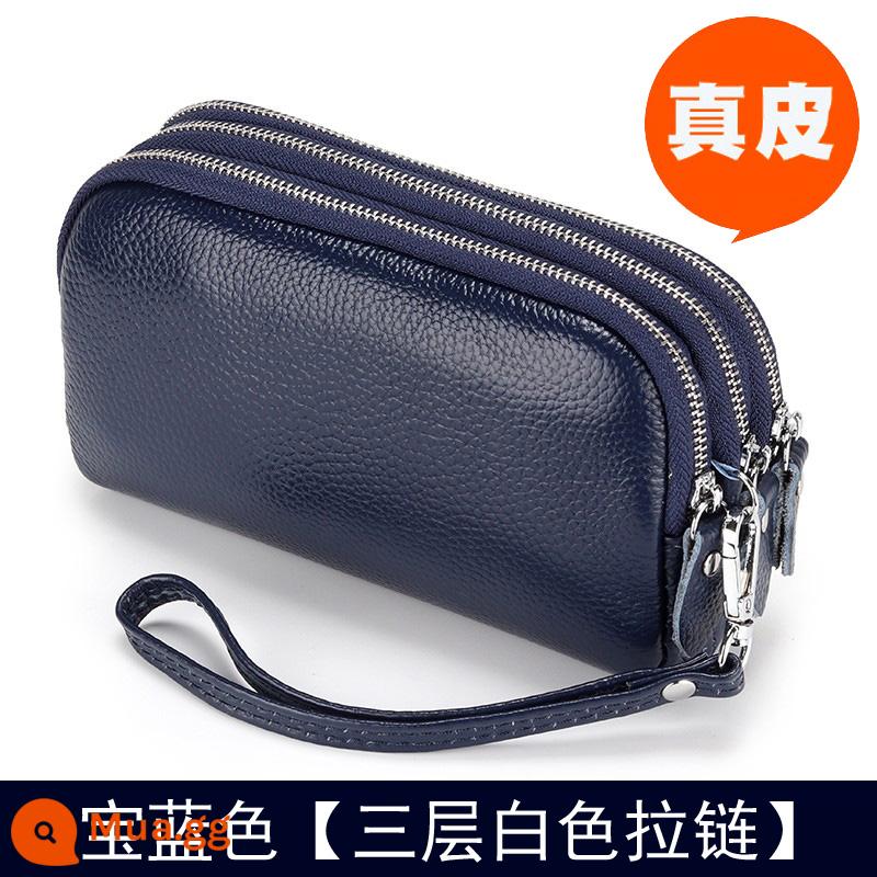 Ví nữ dây kéo 3 lớp da thật ví nữ dáng dài Clutch dung tích lớn Túi nhỏ đựng được điện thoại Lớp trên cùng da bò mềm - Dây kéo màu trắng, xanh hoàng gia, dài vừa phải