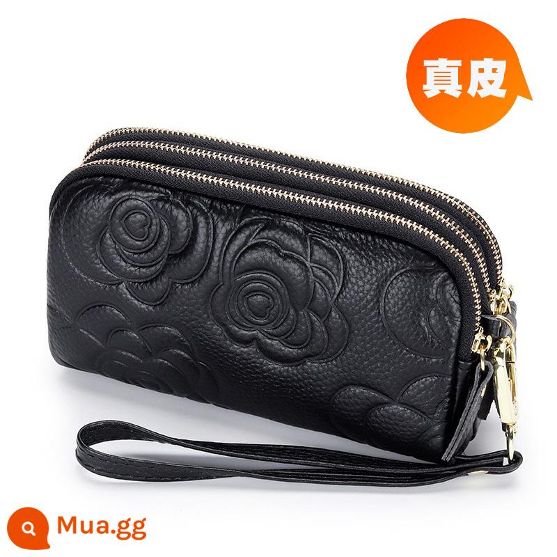 Ví nữ dây kéo 3 lớp da thật ví nữ dáng dài Clutch dung tích lớn Túi nhỏ đựng được điện thoại Lớp trên cùng da bò mềm - Hoa trà đen, dây kéo vàng nhạt, dài vừa phải