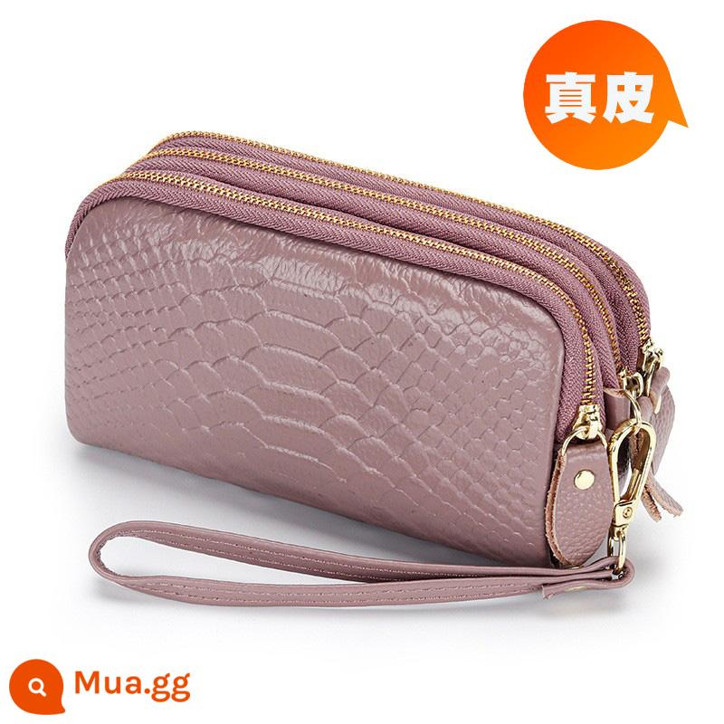 Ví nữ dây kéo 3 lớp da thật ví nữ dáng dài Clutch dung tích lớn Túi nhỏ đựng được điện thoại Lớp trên cùng da bò mềm - Cá sấu tím sen, dây kéo vàng nhạt, phiên bản dài vừa phải