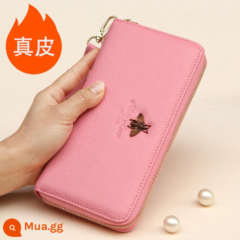 Ví Màu Vàng Da Thật Nữ Phiên Bản Dài May Mắn Công Suất Lớn Túi Clutch Dây Kéo Ví Nữ Túi Xách Da Mới - Khóa kéo đơn, hình ong hồng, mấu kéo bằng da