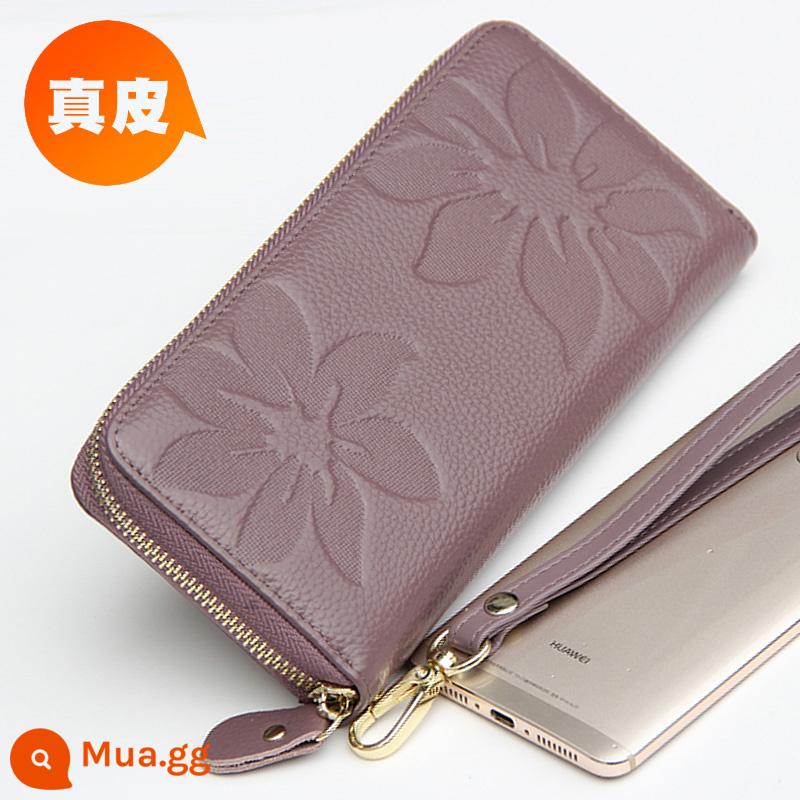 Ví Màu Vàng Da Thật Nữ Phiên Bản Dài May Mắn Công Suất Lớn Túi Clutch Dây Kéo Ví Nữ Túi Xách Da Mới - Dây kéo đơn, hoa mận tím khoai môn, thẻ kéo bằng da