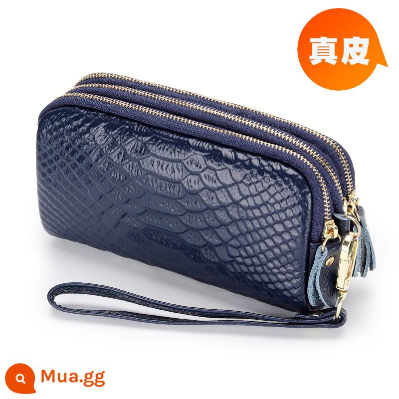 Ví nữ dây kéo 3 lớp da thật ví nữ dáng dài Clutch dung tích lớn Túi nhỏ đựng được điện thoại Lớp trên cùng da bò mềm - Cá sấu màu xanh hoàng gia, dây kéo vàng nhạt, dài vừa phải