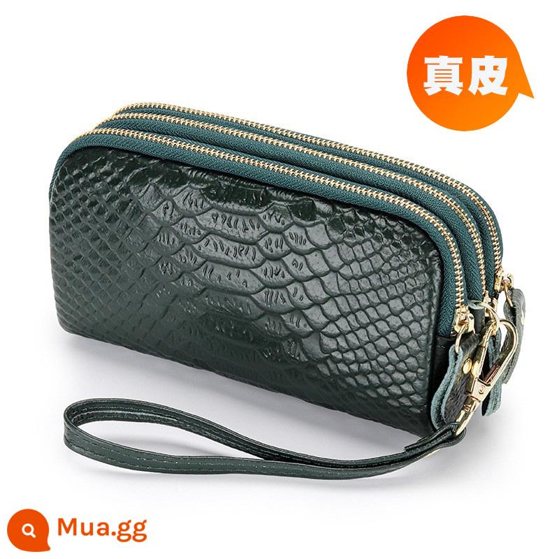 Ví nữ dây kéo 3 lớp da thật ví nữ dáng dài Clutch dung tích lớn Túi nhỏ đựng được điện thoại Lớp trên cùng da bò mềm - Cá sấu xanh đậm, dây kéo vàng nhạt, dài vừa phải