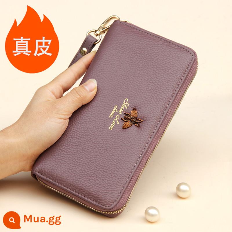 Ví Màu Vàng Da Thật Nữ Phiên Bản Dài May Mắn Công Suất Lớn Túi Clutch Dây Kéo Ví Nữ Túi Xách Da Mới - Khóa kéo đơn, ong tím khoai môn, thẻ kéo bằng da