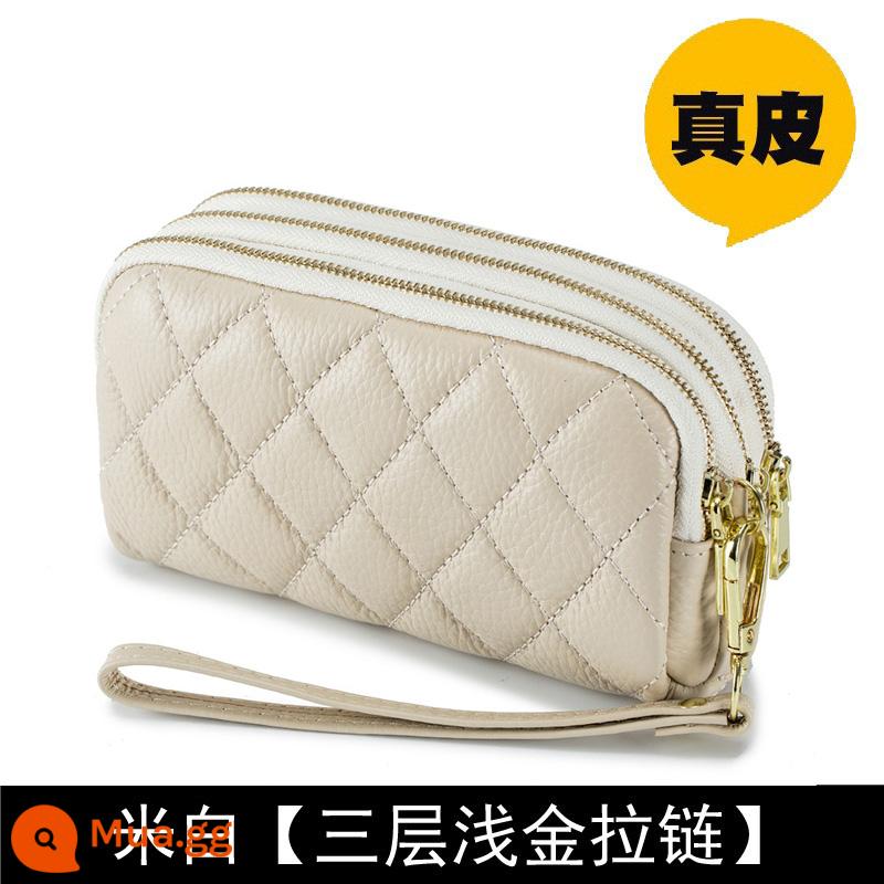 Ví nữ dây kéo 3 lớp da thật ví nữ dáng dài Clutch dung tích lớn Túi nhỏ đựng được điện thoại Lớp trên cùng da bò mềm - Hình thoi màu trắng nhạt, dây kéo vàng nhạt, phiên bản dài vừa phải