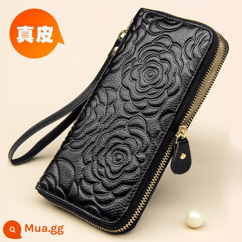 Ví Màu Vàng Da Thật Nữ Phiên Bản Dài May Mắn Công Suất Lớn Túi Clutch Dây Kéo Ví Nữ Túi Xách Da Mới - Khóa kéo đơn, hoa trà đen, mấu kéo bằng da