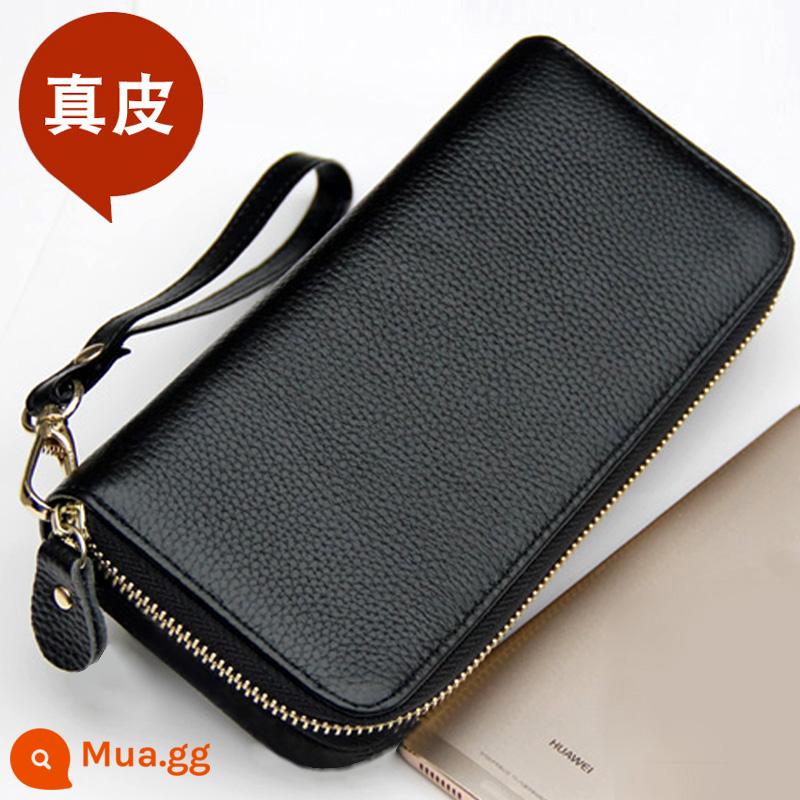 Ví Màu Vàng Da Thật Nữ Phiên Bản Dài May Mắn Công Suất Lớn Túi Clutch Dây Kéo Ví Nữ Túi Xách Da Mới - Khóa kéo đơn, bề mặt trơn màu đen, mấu kéo bằng da